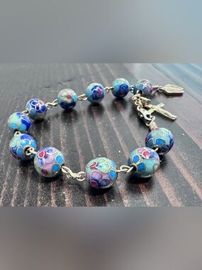 Vintage Cloisonné Rosary Bracelet Blue Enamel Catholic Cross Charm GF Clasp